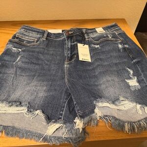 Judy Blue Distressed Frayed Hem Dark Blue Denim Shorts